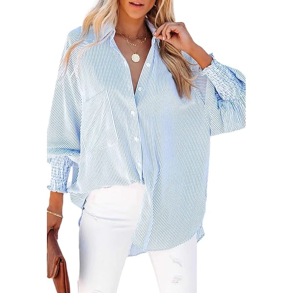 Amazon.com: Generic Women's Smocked Cuffed Striped Shirt